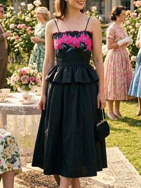 Vtg 80s ILGWU Black Pink & Teal Floral Embroidery Applique Peplum Midi Dress